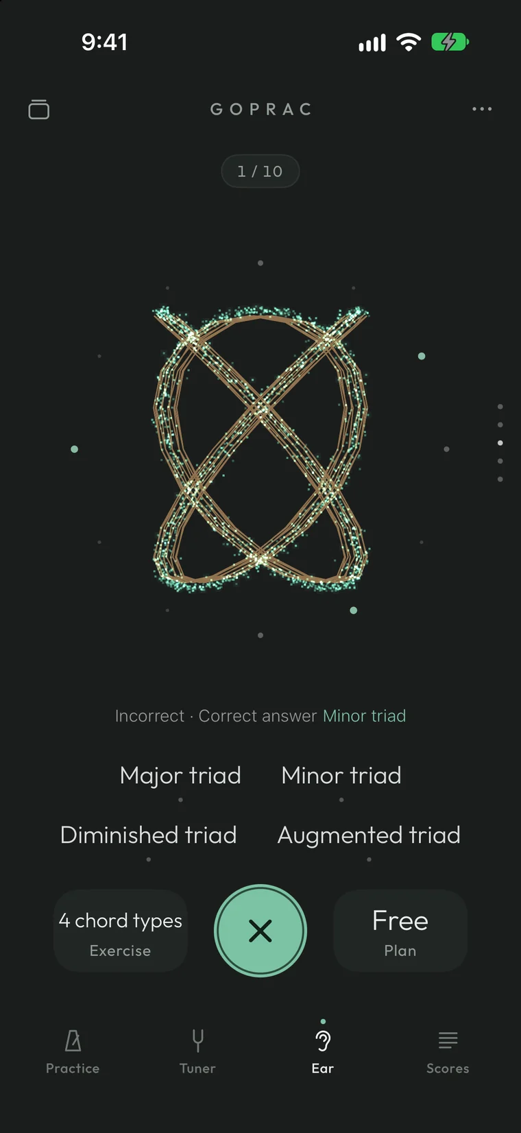 A missed answer: the correct minor triad in mint particles, the chosen chord traced in amber