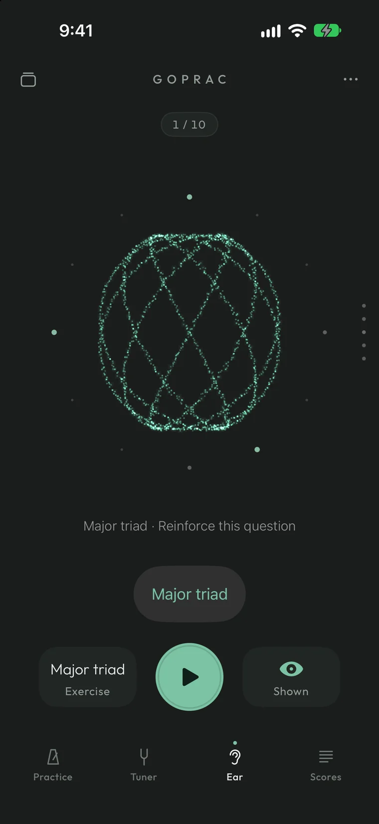 GoPrac ear training: a major triad drawn as a spinning particle knot