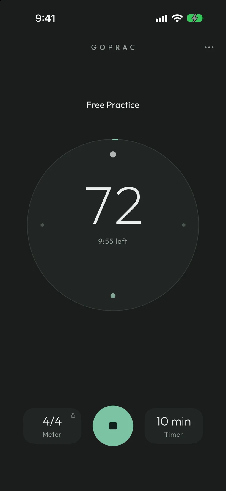 GoPrac practice screen: a single dial showing 72 BPM, with the beat dot travelling inside the circle