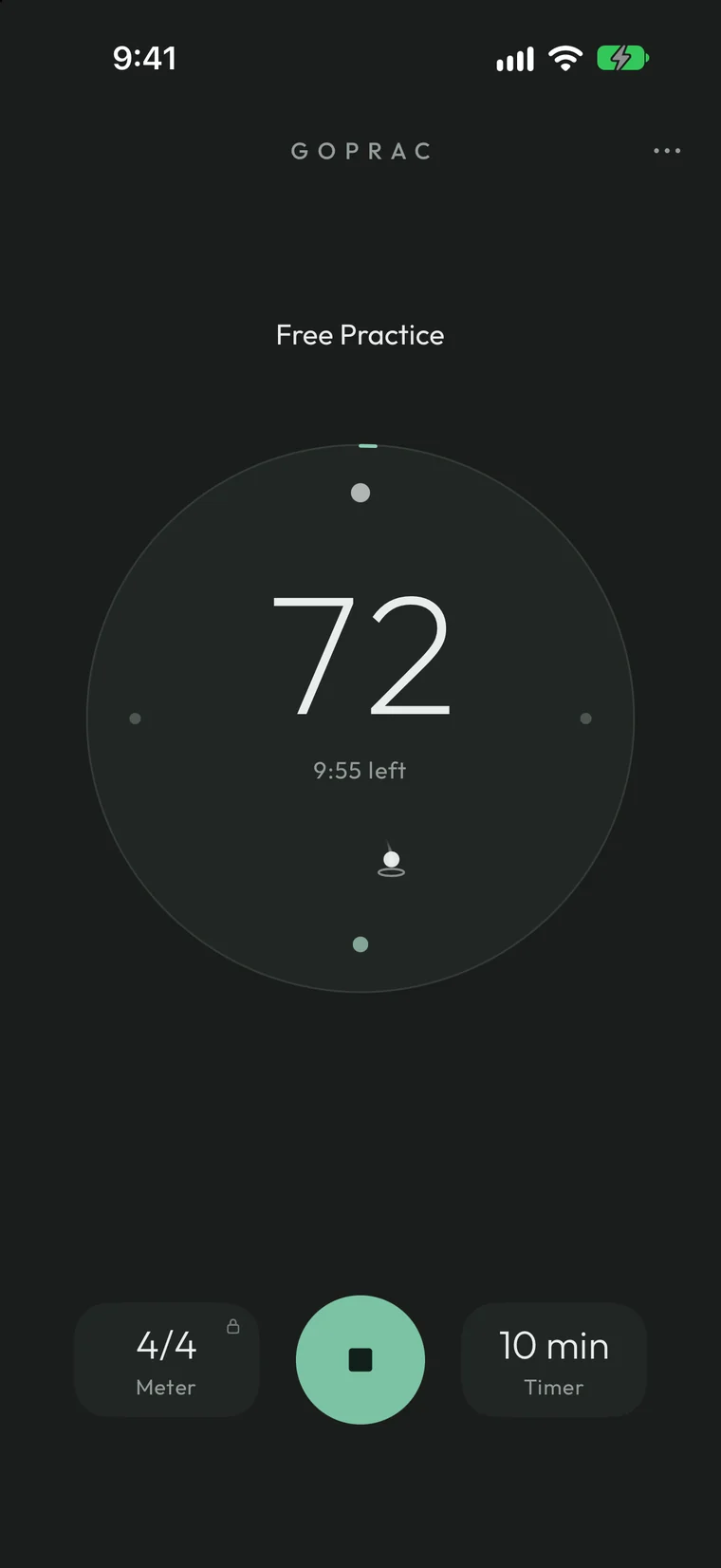 GoPrac during practice: the navigation hides, the timer counts down and the beat dot moves