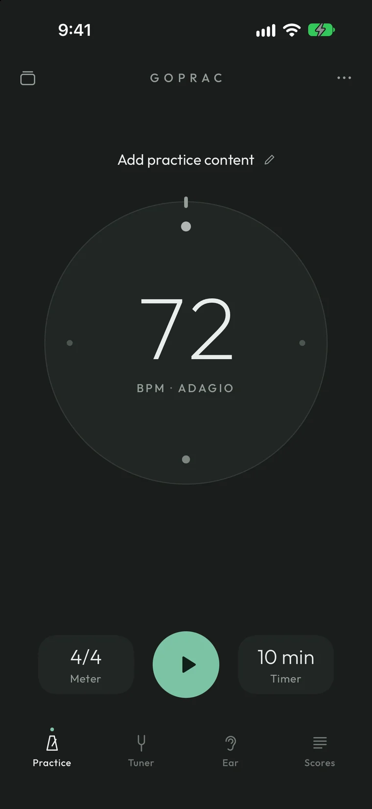 GoPrac practice screen before starting: 72 BPM, Adagio, 4/4 metre, 10 minute timer