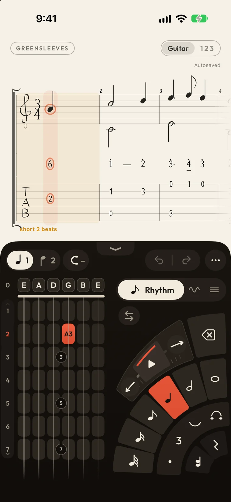 The GoPrac score editor: a guitar neck and a fan of note values under the page