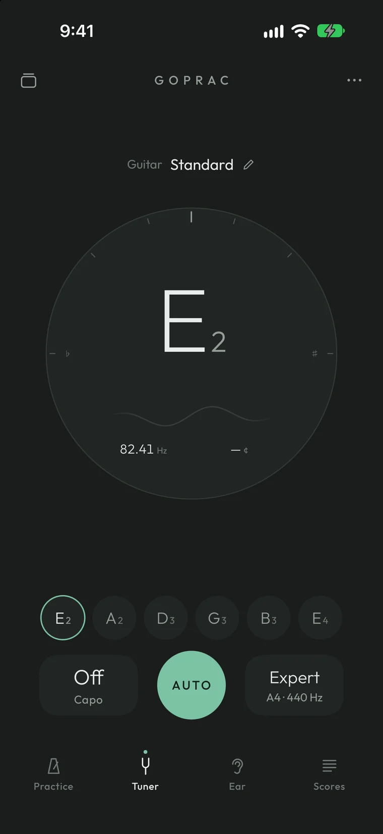 GoPrac tuner listening for the low E string at 82.41 Hz, with a wave under the note