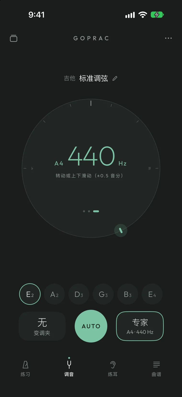 专家模式下的 GoPrac 调音器，标准音 A 为 440 Hz